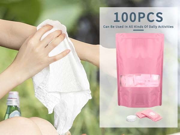 Classycoo Compressed Towel 100 PCS Tablets - Thick, Individually Wrapped Portable Disposable Face Towel Cotton Coin Cloth for Travel, Camping, Hiking, Beauty, Cloths(Soft, Odorless, 9.64 x 7 IN)