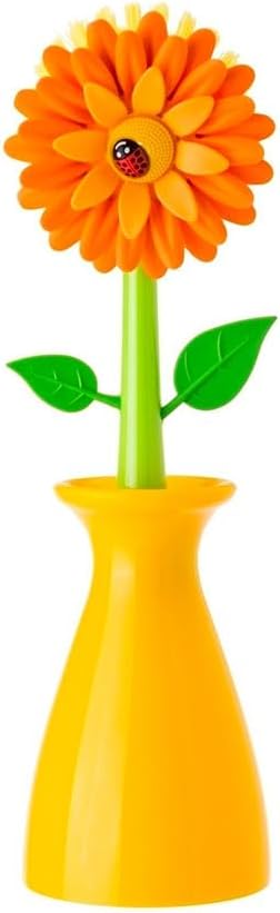 Vigar Flower Power Dish Brush with Handle and Vase Holder - Dish Scrub Brush for Dishes, Kitchen Scrub Brush, Dish Brush with Handle, Sink Cleaning Brush, Pot Scrubber, Dishwashing Brush - Orange