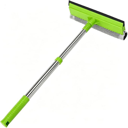 Window Squeegee with 15.7"-27.5" Retractable Stainless Steel Handle, 2-in-1 Windshield Cleaner Tool for Cars, Trucks, Glass Doors, Shower Glass, Outdoor Windows – Window Cleaner (Green)