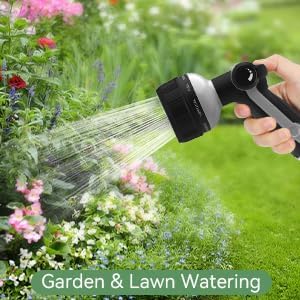 Garden Hose Nozzle Heavy Duty,Metal Water Hose Nozzle with 10 Adjustable Spray Patterns, High Pressure Hose Sprayer Nozzle Thumb Control On Off Valve for Lawn & Plant Watering, Car & Pet Washing