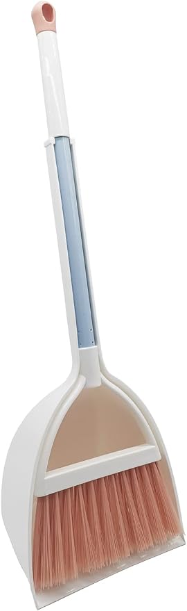 Mini Broom with Dustpan for Kids,Little Housekeeping Helper Set (White+Pink)
