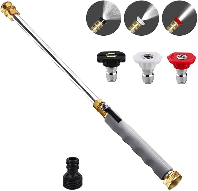 Jet Nozzle High Pressure Hose Nozzle, 18” Hydro Water Hose Nozzle | for Garden Hose with 3 Nozzles & Hose Quick Connectors, Power Washer Wand for Cleaning Patio, Car, Window, Grey