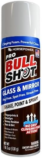 Horsepower Bull Shot Glass & Mirror Cleaner, As Seen On TV, No-Drip Foaming Glass Cleaner for Mirrors, Windows & TV Screens, Made in USA