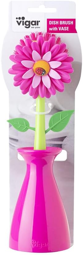 Vigar Flower Power Dish Brush with Handle and Vase Holder - Dish Scrub Brush for Dishes, Kitchen Scrub Brush, Dish Brush with Handle, Sink Cleaning Brush, Pot Scrubber, Dishwashing Brush - Pink
