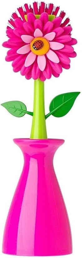Vigar Flower Power Dish Brush with Handle and Vase Holder - Dish Scrub Brush for Dishes, Kitchen Scrub Brush, Dish Brush with Handle, Sink Cleaning Brush, Pot Scrubber, Dishwashing Brush - Pink