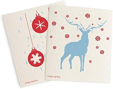 Skoy Cloth - 2-Pack Eco-Friendly & Reusable Swedish Dishcloth, for Kitchen & Household Use, Plastic-Free Packaging, Dishwasher Safe, Designer Series – Reindeer/Ornaments, White Skoy Cloth