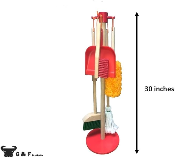 JustForKids Kids Cleaning Set, 6 Pieces - Wooden Pretend-Play Housekeeping Toy with Broom, Mop, Brush, Duster, Dustpan & Hanging Stand, STEM Learning Toy for Toddlers & Kids, Boys & Girls, Multicolor