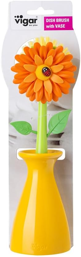 Vigar Flower Power Dish Brush with Handle and Vase Holder - Dish Scrub Brush for Dishes, Kitchen Scrub Brush, Dish Brush with Handle, Sink Cleaning Brush, Pot Scrubber, Dishwashing Brush - Orange