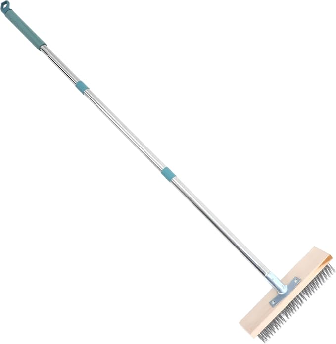 PRETYZOOM Heavy Duty Stainless Steel Scrub Brush with Pole for Tough Outdoor Cleaning for Decks Patios and Concrete Ergonomic Design for Comfortable Use