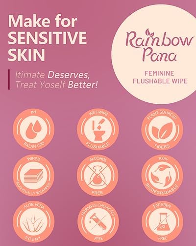 RainbowPana Feminine Wipes, 240 Count ON-THE-GO Individually Wrapped | Flushable Wipes, Travel Wipes for Women, Aloe, Portulaca, Vitamin E | pH Balanced