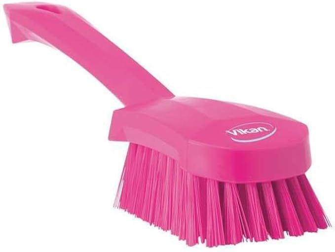 3 in W Scrub Brush, Stiff, 5 57/64 in L Handle, 4 1/2 in L Brush, Pink, Plastic, 10 in L Overall - 1 Each
