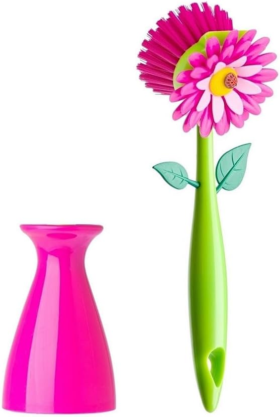 Vigar Flower Power Dish Brush with Handle and Vase Holder - Dish Scrub Brush for Dishes, Kitchen Scrub Brush, Dish Brush with Handle, Sink Cleaning Brush, Pot Scrubber, Dishwashing Brush - Pink