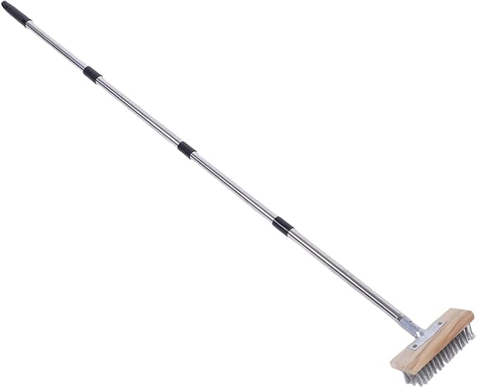 Heavy Duty Stainless Steel Wire Scrub Brush with Long Handle Moss Remover Wire Broom Outdoor Floor Scrub Brush for Patio Deck Garden Garage (20cm / 7.9in)