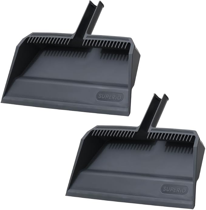 Superio 2-Pack Wide Plastic Dustpan with Comb - 16" Wide, Rubber Lip, Broom Handle Clip, Grey