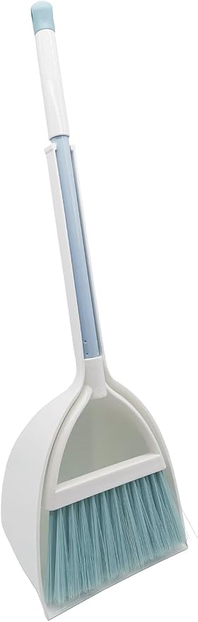 Mini Broom with Dustpan for Kids,Little Housekeeping Helper Set (White+Blue)