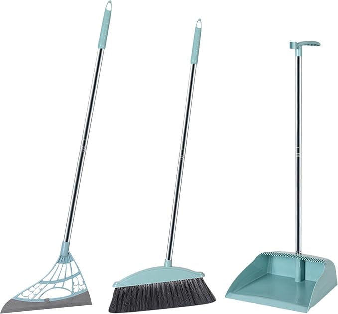 Long Handle Broom and Dustpan Set with 39.5" Squeegee Broom, Upright Standing Lobby Broom and Dust Pan and Rubber Broom, Indoor Broom with Dustpan Set for Home Kitchen Room Office Floor