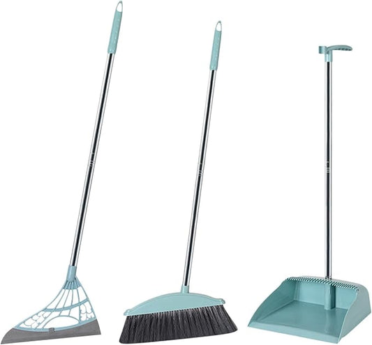 Long Handle Broom and Dustpan Set with 39.5" Squeegee Broom, Upright Standing Lobby Broom and Dust Pan and Rubber Broom, Indoor Broom with Dustpan Set for Home Kitchen Room Office Floor
