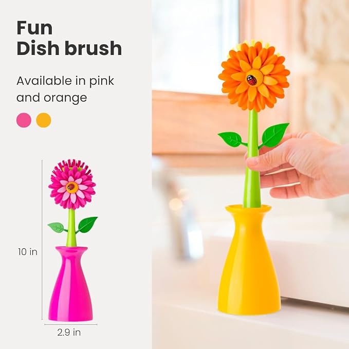 Vigar Flower Power Dish Brush with Handle and Vase Holder - Dish Scrub Brush for Dishes, Kitchen Scrub Brush, Dish Brush with Handle, Sink Cleaning Brush, Pot Scrubber, Dishwashing Brush - Orange