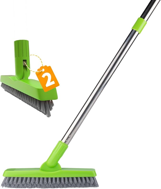 2 Pack Grout Brush with Long Handle, Swivel Cleaning Grout Line Scrubber - Durable Handle Grout Cleaner Brush for Bathroom,Tile,Baseboard,Walk in Shower,Corner & Narrow Space (Green)