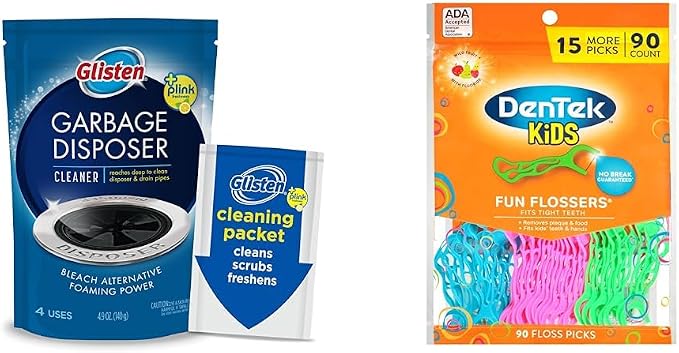 Glisten Garbage Disposer Cleaner and Freshener, Sink Disposal Odor Eliminator with Foaming Action, Lemon Scent, 4 Packets and DenTek Kids Fun Flossers, Wild Fruit, 90 Count
