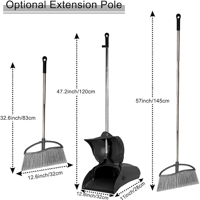 Long Handle Heavy Duty Broom and Dustpan Set, Outdoor and Commercial Upright Dustpan and Brush for Restaurant Garage Garden Yard Office,Black