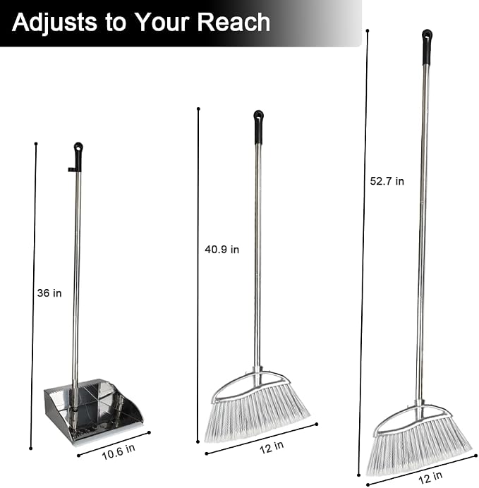 Heavy Duty Broom and Dustpan Set, Stainless Steel, 52.7-Inch for Sweeping | No-bend stand up design