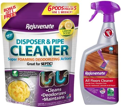 Rejuvenate Garbage Disposal and Drain Pipe Cleaner Pods Powerful Foaming Action and Removes Garbage Disposal Smells 6 Unit Pack Lemon Scent w High Performance All-Floors Cleaner