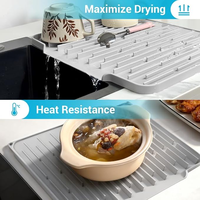 Foldable Silicone Dish Drying Mat for Kitchen Counter & Sink - Quick Dry, Space Saving, Non-Slip Pad for Small Apartments & Coffee Bar Light Grey