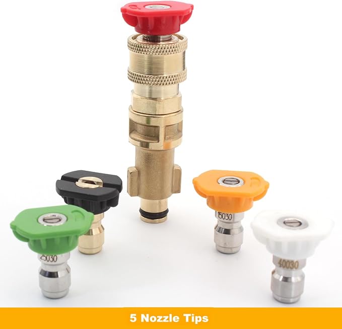 Brass Pressure Washer Gun Adapter,Electric Power Washer Accessory Part,1/4"Quick Connector,5 Nozzle Tips,Compatible with Bosch Portland, Ryobi, Greenworks, Husky,Short Replacement Wand for Foam Cannon