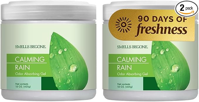 SMELLS BEGONE 15oz Gel Odor Eliminator - Absorb & Remove Tough Odors in Pet Areas, Bathrooms, Basements, Garage, Cars, RVs & Boats - Eliminate Odors Quickly (2-Pack, Calming Rain)