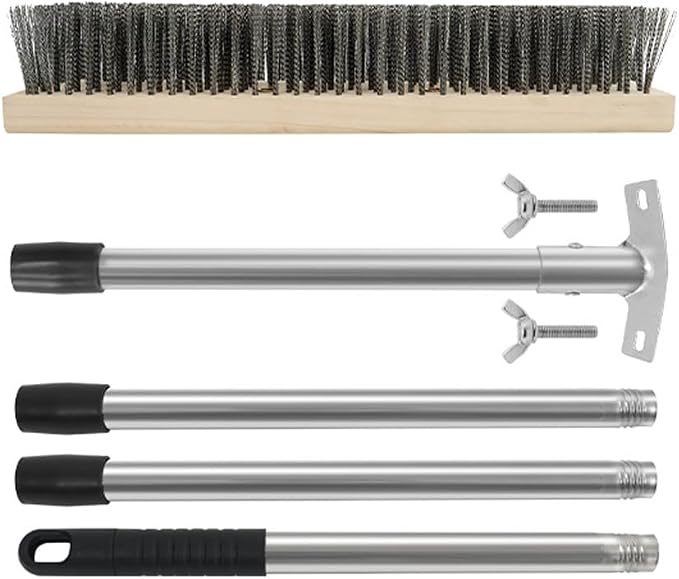 Heavy Duty Floor Scrubber,Deck Brush with Long Handle,56L''×12W Stainless Steel Wire Scrub Brush, Stiff Metal Bristle Scrubber Broom for Deck, Concrete, Patio Floor Cleaning Moss Removal
