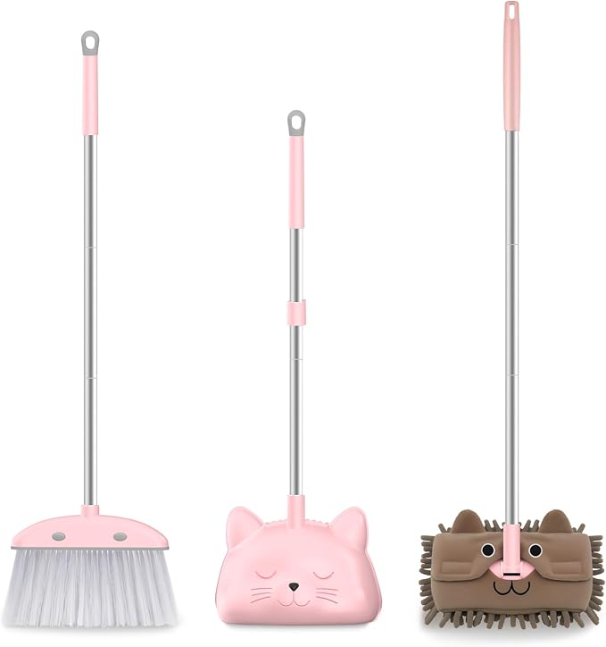 nacena Mini Broom with Dustpan & Mop for Kids, 28-in Handle Kids Brooms and Dustpan Set for Toddlers Cat-Shaped Children Broom and Cleaning Set Boys Girls Small Housekeeping Helper Sets, Pink