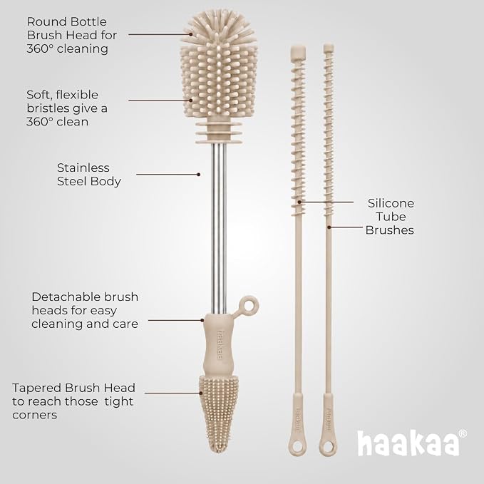 Haakaa Silicone Cleaning Brush Kit – Household Cleaning Brushes for Bottles and Crevices – Food-Grade Silicone: Dishwasher Safe (Brush-Pebble)