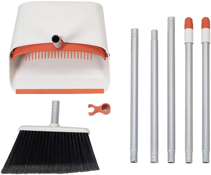 Long Handled Dustpan and Brush, Broom and Dustpan Set, Household Dust pan Combo with 54 Inch Handle for Indoor Outdoor Household Cleaning and Sweeping (Red and White)