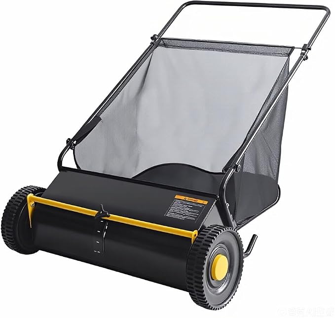 26-Inch Push Lawn Sweeper, Heavy Duty Stainless Steel Yard Sweeper with 4 Spinning Brushes, 7 Cu. ft. Large Capacity Hopper Bag, Adjustable Brush Height, Rubber Wheels for Leaves Grass Clippings