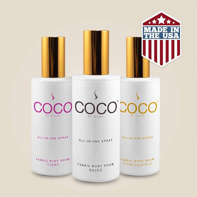 COCO by Stone 5oz All-in-One Spray Amber Fabric & Room Mist | Shake-and-spray formula for fabrics, pillows, clothing, and rooms with a warm Amber fragrance. Vegan & cruelty-free.