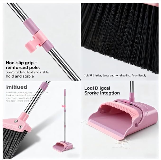 Upright Broom and Dustpan Set - Long Handle for No-Bending Comfort, 3 Rows Dense Bristles for Deep Sweeping, Suitable for Home, Office, Kitchen, Lobby, Shop, Indoor & Outdoor Spaces, Pink & Purple