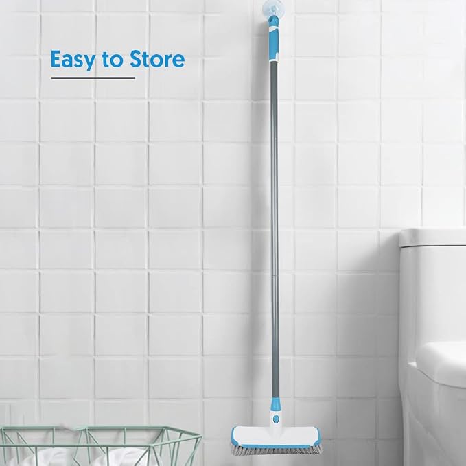 Floor Scrubber with Long Handle, 2 in 1 Scrubbing Brush Stiff Bristle Shower Cleaning Brush for Bathroom, Kitchen, Tub, Carpet, Grout, Tile(Blue)