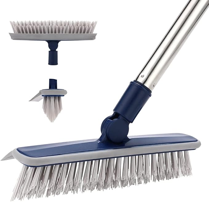 2 in 1 Floor Scrub Brush Grout Brush with 57.8" Long Handle,120°Rotatable Shower Tile Grout Scrubber,V-Shaped Corner Brush for Hard to Reach Areas (Grey)