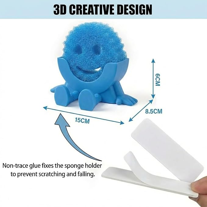 Creative Drainage Sponge Holder: Traceless Glue, 3D Printed Funny Kitchen Sink Holder, Keeps Sponge Dry – for Scrub Daddy (1, Blue)