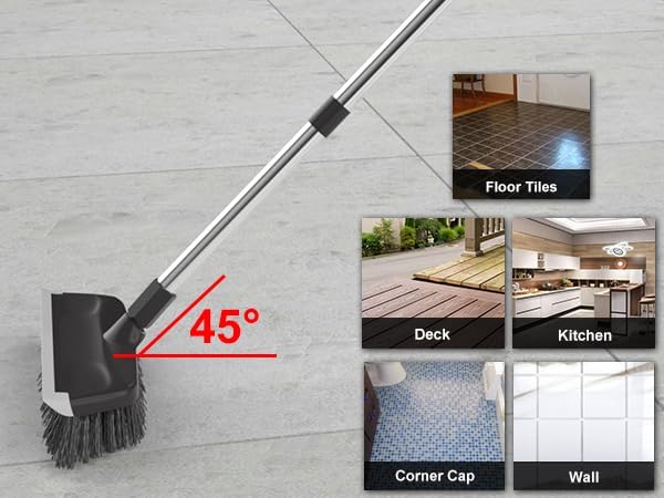 Heavy Duty Floor Scrub Brush with Long Handle, Adjustable Stainless Steel Handle, Stiff Bristles & Rubber Squeegee Scraper, Concrete Floor Scrubber for Cleaning Floor Concrete Deck Hardwood Patio Tile
