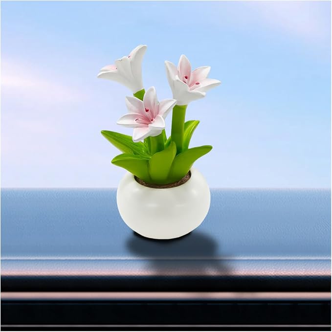 Mini Flower Car Dashboard Decoration - Cute Potted Plant Resin Figurines Car Desk Center Console Decoration - Aesthetic Auto Interior Ornament Accessories Funny Presents for Women (Lily)