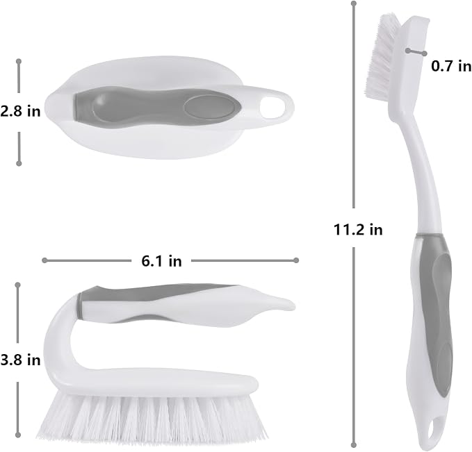 Scrub Brush Set, 4 Pack Deep Cleaning Brush Kit, Gray | 2 Scrub Brush, 2 Tile & Grout Brush with Built-in Scraper, Household Commercial Scrubber for Floor, Shower, Pool Wall, Tub