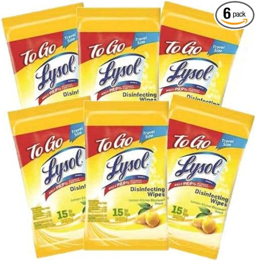 Lysol Disinfecting Wipes To-Go Pack, Lemon Scent, 15 Count (Pack of 6)