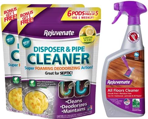 Rejuvenate Garbage Disposal and Drain Pipe Cleaner Pods Powerful Foaming Action and Removes Garbage Disposal Smells 6 Unit Pack x2 Lemon Scent w High Performance All-Floors Cleaner