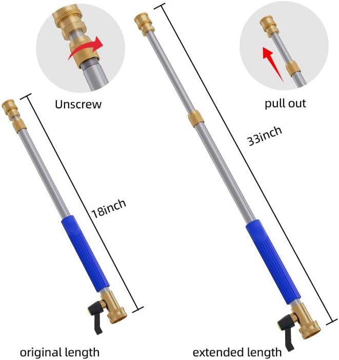 Adjustable Jet Nozzle High Pressure Hose Nozzle, 18-33” Hydro Nozzle Wands | for Garden Hose with 5 Nozzles & Hose Quick Connectors, Extended Power Washer Wand for Patio, Car, Window, Blue