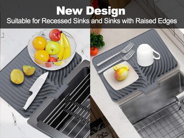 Dish Drying Mat for Kitchen Counter, with Built-in Drain Lip, Food-Grade Silicone, Easy Clean Pad for Countertop Protection, Multi-Functional Use (18 x12 Raised Sink, Grey)