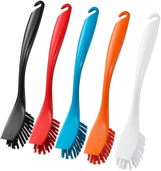 Dishwashing Brush with Hangable Long Handle, Built-in Scraper, Scrub Brush for Dish, Pans, Pots, Kitchen Sink Cleaning - 10 Inch, 4 Pack (White)
