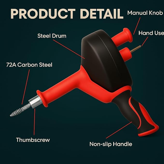 42 FT Drain Snake Hair Drain Clog Remover, Manual Or Powered, Plumbing Snake With Drill Adapte,Unclog Sink Drain Tool, Drain Auger for Toilet、Shower、Kitchen、Sink, No Auto Retract Or Feed, Red