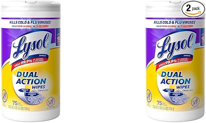 Lysol Dual Action Disinfectant Wipes, Multi-Surface Antibacterial Scrubbing Wipes, For Disinfecting and Cleaning, Citrus Scent, 75ct (Pack of 2)